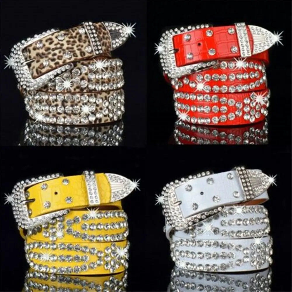 Fashion Glitter Studded Bling Crystal Waistband Rhinestone Belt PU Leather