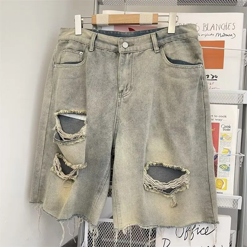 High street rasgado denim shorts verão retro azul masculino shorts americano casual moda perna reta masculino buraco na altura do joelho jeans