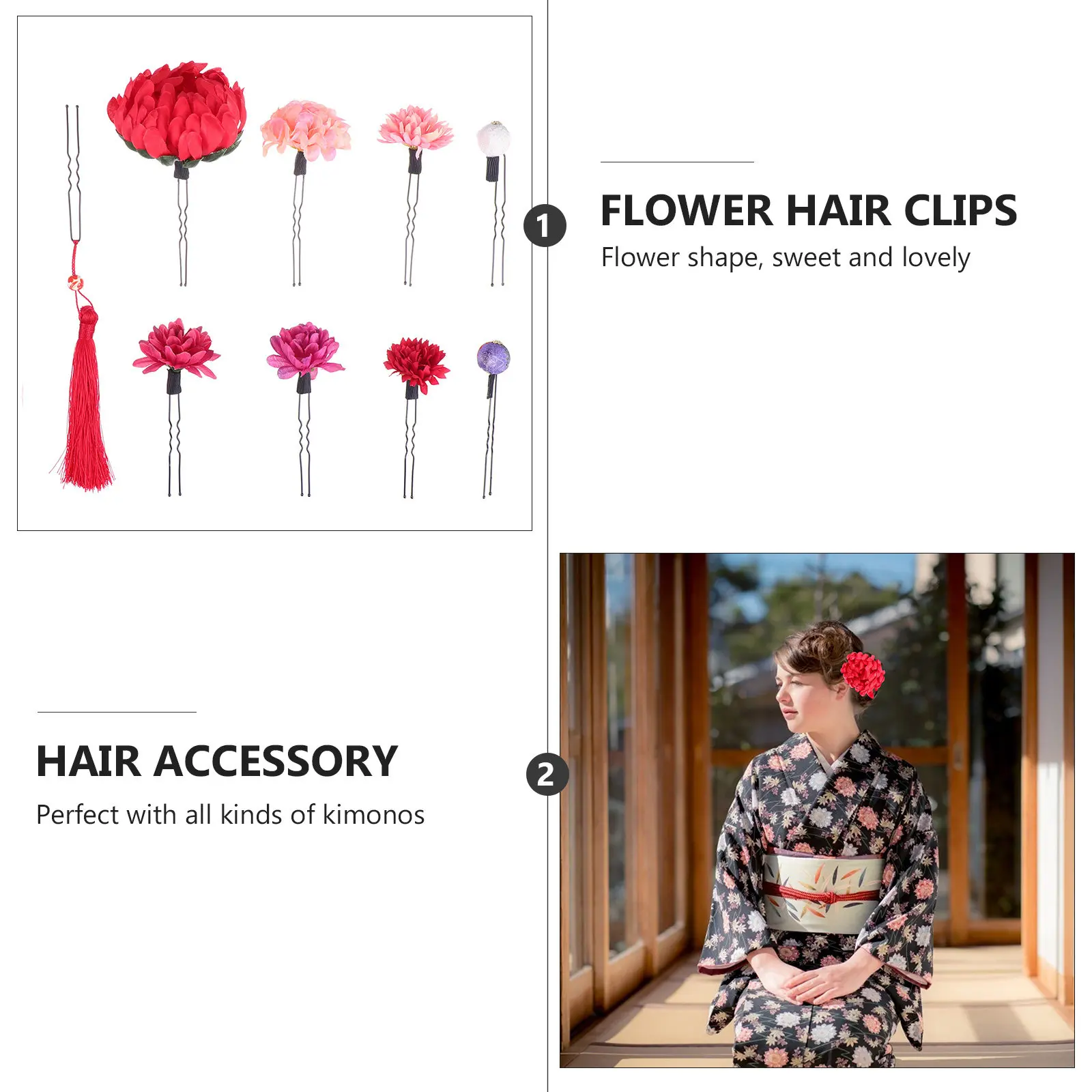 9 pcs Hair Party Women Halloween Christmas New Year Japanese Style Flower Clips Tassel Kimono Accessories Traditional