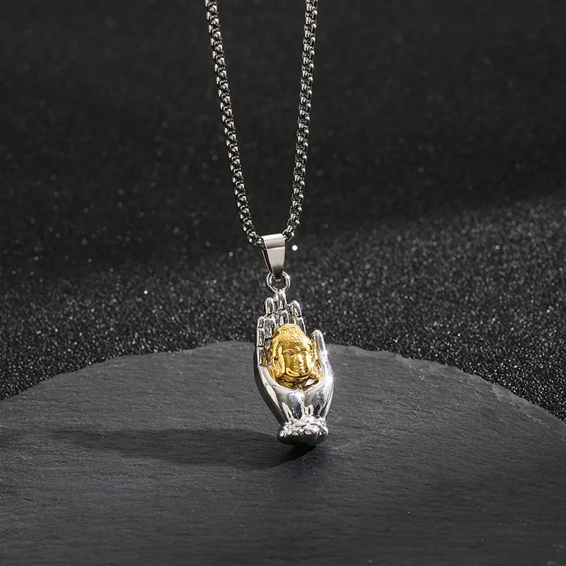 Religious Palm Buddha Pendant Box Chain Necklace For Men Buddhist Amulet Jewelry Accessories