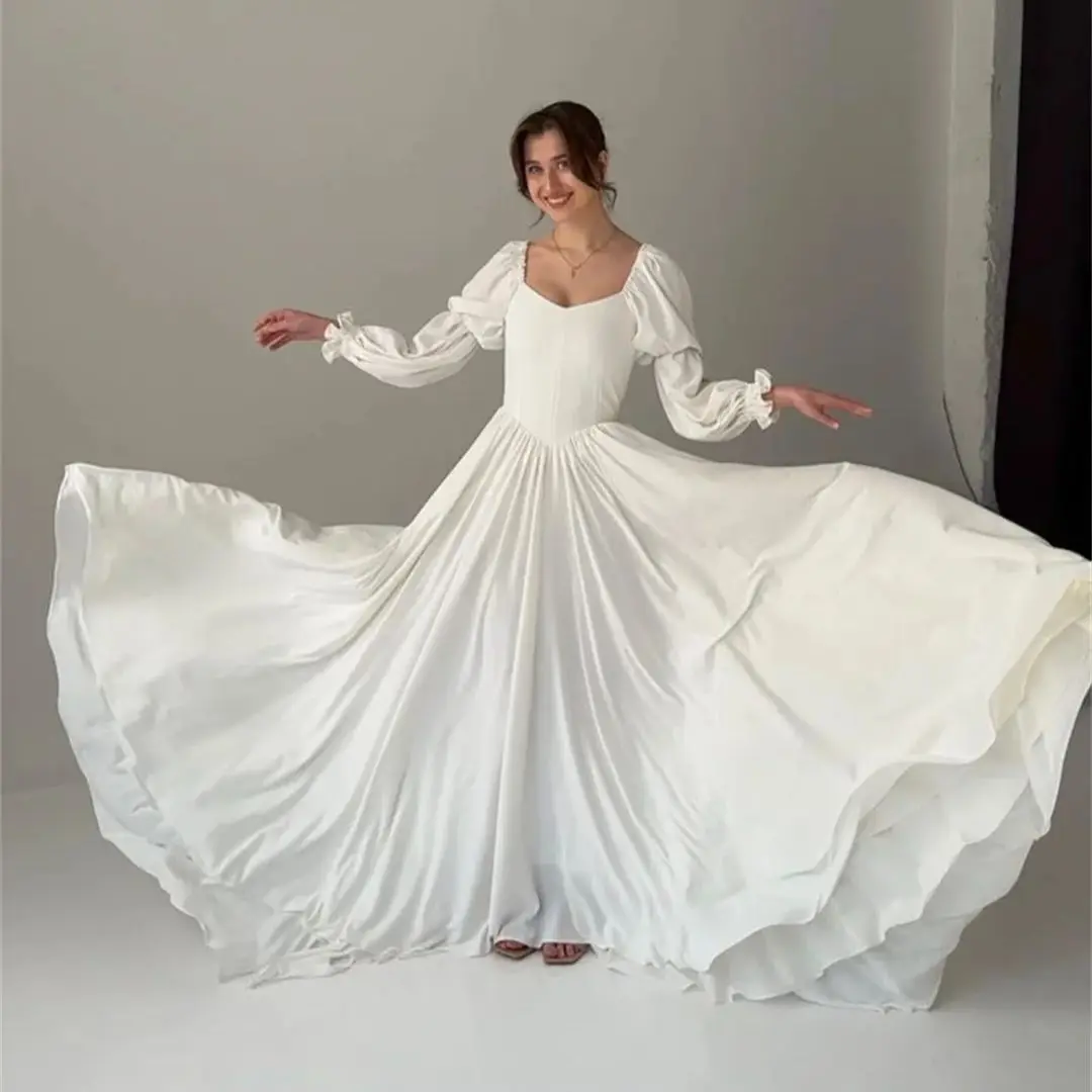 فساتين سهرة عادية على الطراز اليوناني بأكمام فانوس بسيطة وخصر باسك وكشكشة فستان زفاف أنيق برباط حتى رداء حفلات رسمي