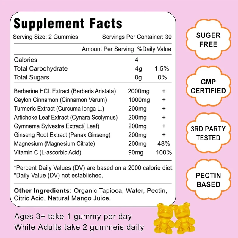 Berberine contains Ceylon cinnamon gummies, sugar free, vegetarian, immune health support, 60 mango flavored gummies