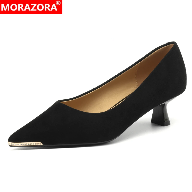 

MORAZORA 2024 New Suede Leaher Women High Heels Shoes Pointed Toe Black Brown Ladies Office Dress Shoes Spring Summer Shoes