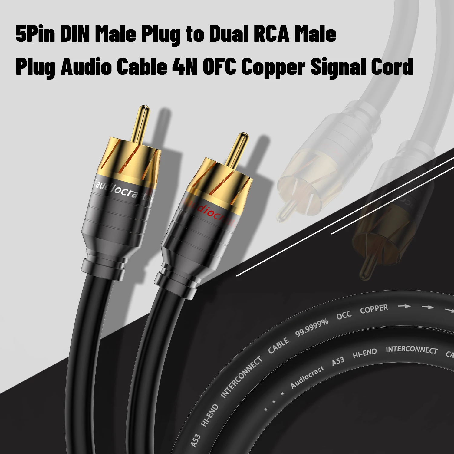 Bild 4: A53 HiFi-Audio-Phono-Kabel mit 5-poligem DIN-Stecker auf zwei Cinch-Steckern, Audiosignalkabel für HiFi-Stereosysteme