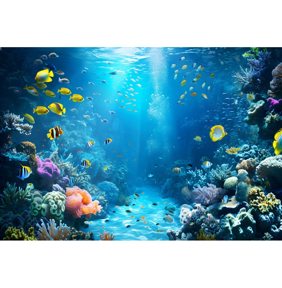 Underwater World Backdrop Seabed Fish Coral Dolphin Aquarium Tank Decor Baby Kids Birthday Party Photography Background Banner