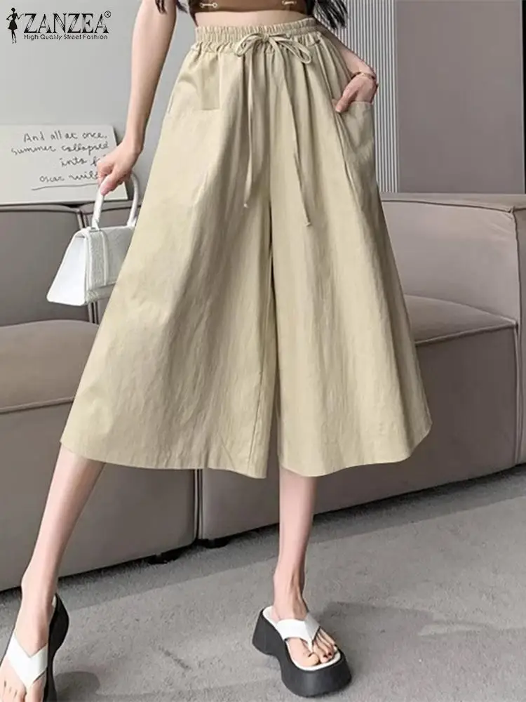 

ZANZEA 2024 Summer Vintage Solid PantalonsWomen Wide Leg Cropped Pants Casual Loose High Waist Trouser Holiday Korean Pant