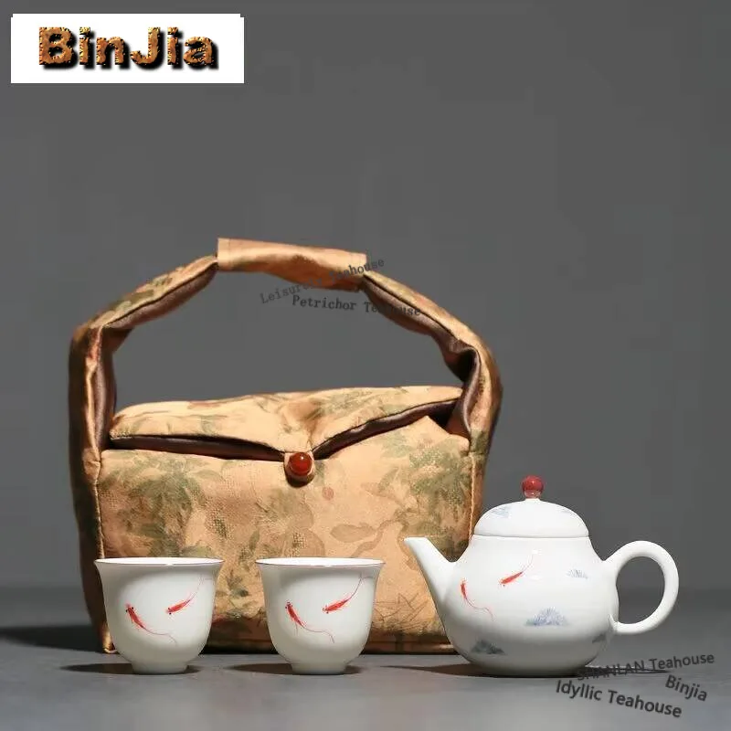 Handmade Travel Tea Set Kit Hand Drawn Fish Play Tea Set Traditional White Porcelain 1 Pot 2 Cups Tea Maker Portable Bags Gifts