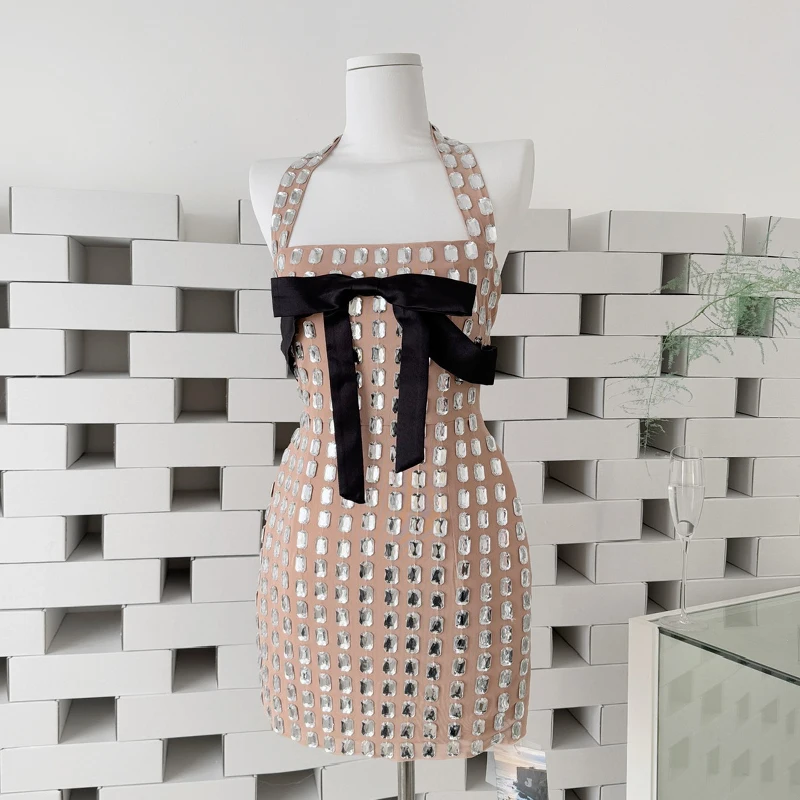

Rhinestone Halter Mini Dress Women Sleeveless Sundress 2026 Summer New Evening Party Glittering Dress Elegant Casual Short Dress