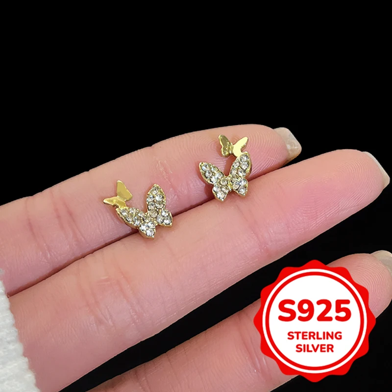 

S925 authentic sterling silver butterfly earrings for women versatile elegant retro light luxury exquisite simple fashion