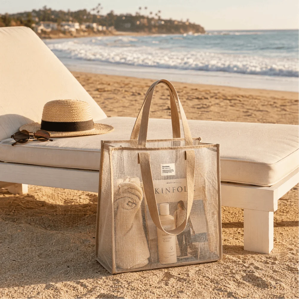 Large Capacity Travel Storage Bag Hand Held Lightweight Carring Tote Bag Durable Multi Functional Mesh Beach Bag Vacation