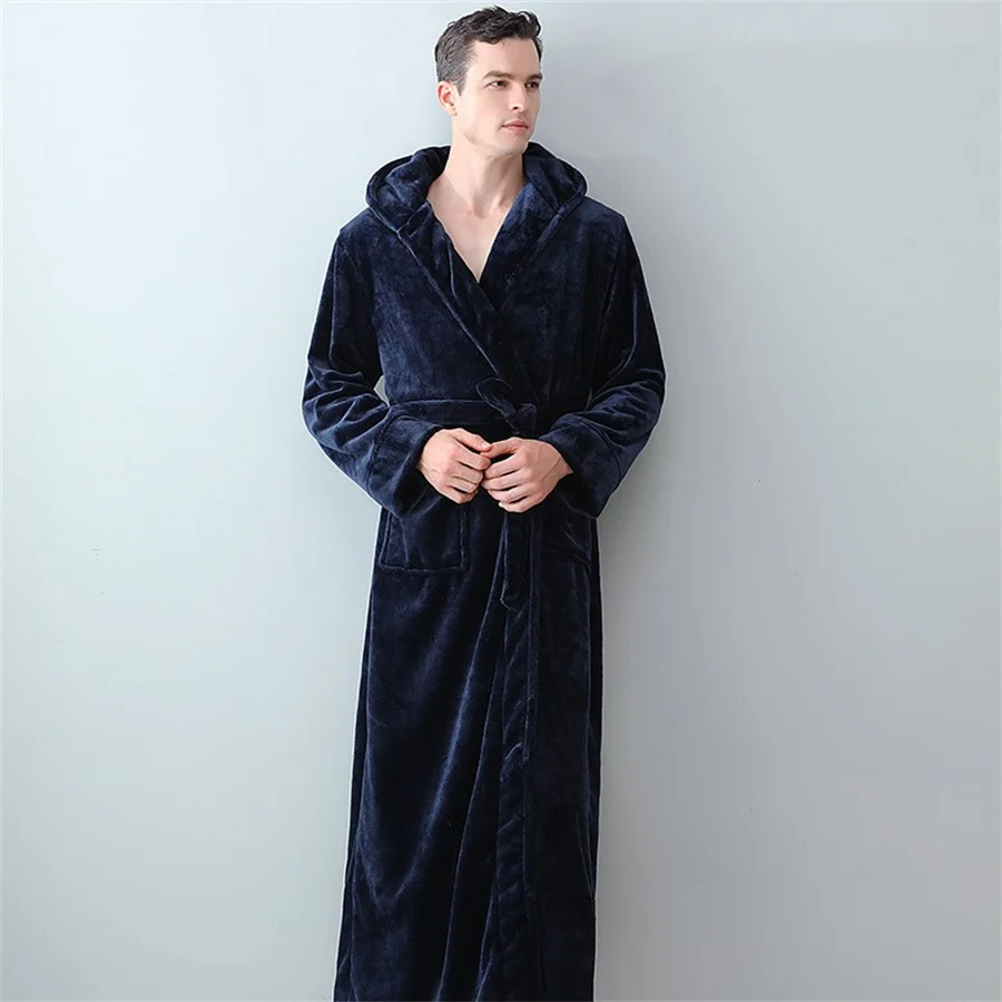 Men\'s Winter Bathrobe Hooded Robes Long Sleepwear Warm Plush ShawlShower Robe Night Gown Homewear Pajama Man Clothes for Sleep