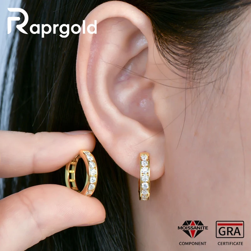 RAPRGOLD D Color VVS1 Moissanite Hoop Earrings 925 Sterling Silver Round Cut Luxury Unisex For Men Women Fine Jewelry Party Gift