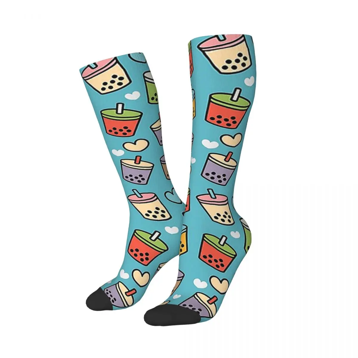 Cute Bubble Tea Flavors And Hearts Pattern Socks Harajuku Stockings All Season Long Socks for Man's Woman's Christmas Gifts