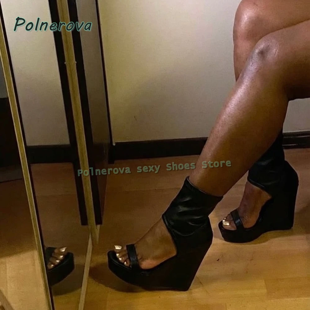 

Wedge Fashion Black Sexy Sandals Round Toe Height Increase Solid Back Zip Side Zip Cut Out Women Summer Boots 2026 Party Shoes