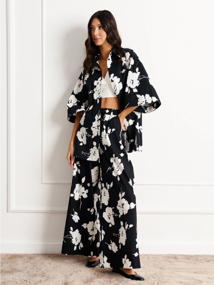 

Mathaqiqi Casual Female Nightwear Set Turn-Down Collar Pajamas Three Quarter Sleeve Pyjamas Wide Leg Pants Printing Nightie Suit