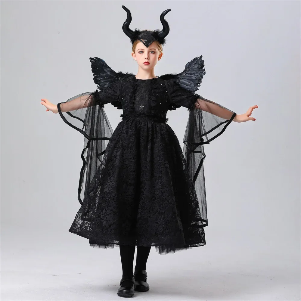 

Halloween Devil Vampire Witch Cosplay Dress Kid Girl Evil Queen Dress Children Party Black Witch Gown Dresses