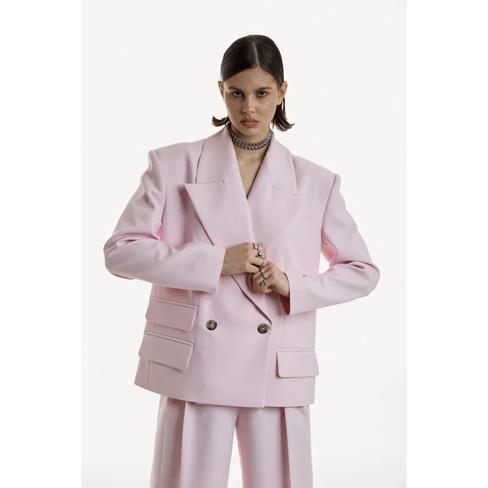 Chic Loose Pink Double Breasted Women Pants Set High-end Female Two Pieces(Jacket+Trousers)أطقم بناطيل