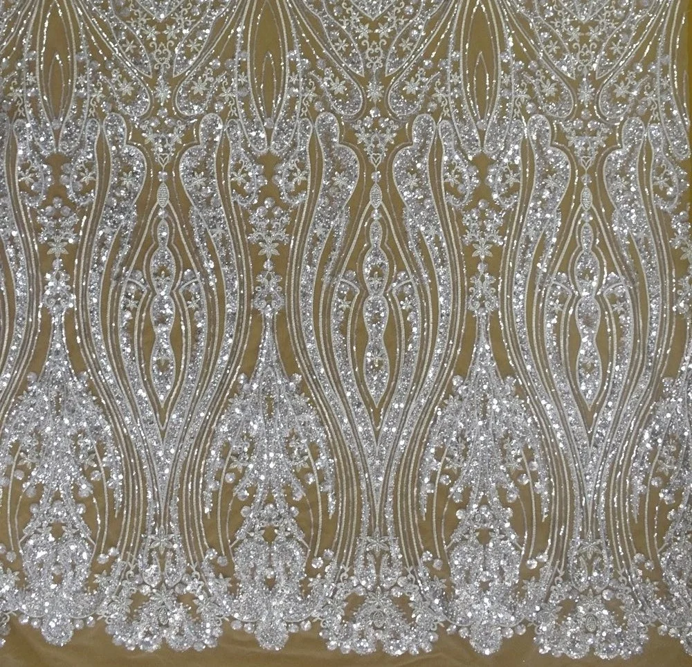 1 Yard High-end French Silver Wire White Heavy Bead Embroidered Sequin Wedding Lace Dress Fabric HY1863