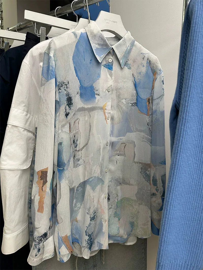 Loose Long Sve mujer irt artístico Aosphere estampado de marca de agua transparente Quali Spring East Gate Sle Casual irt