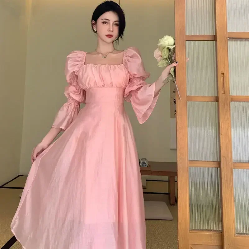 

Sweet Back Puff Sleeve Dress Women summer 2025 New Pink Bandage Dress Fashion Elegant Chiffon Long Dresses Female