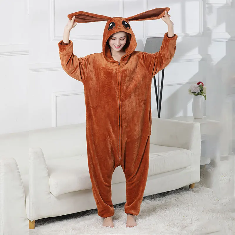 Pokemon Eevee Costume Adult Men Women Onesie Anime Cosplay Outfit Halloween Festival Party Kigurumis Winter Flannel Warm Suit