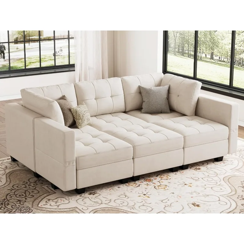 Modular Sectional Sleeper Sofa with Storage Velvet Fabric Couch Bed with Chaise and Ottomans 6 Seat Sofa Bed Set Beige