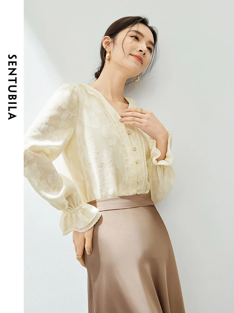 SENTUBILA Apricot Jacquard Chiffon Shirt 2024 Spring French Style V-neck Apricot Elegant Button Up Long Sleeve Blouse 141V53433