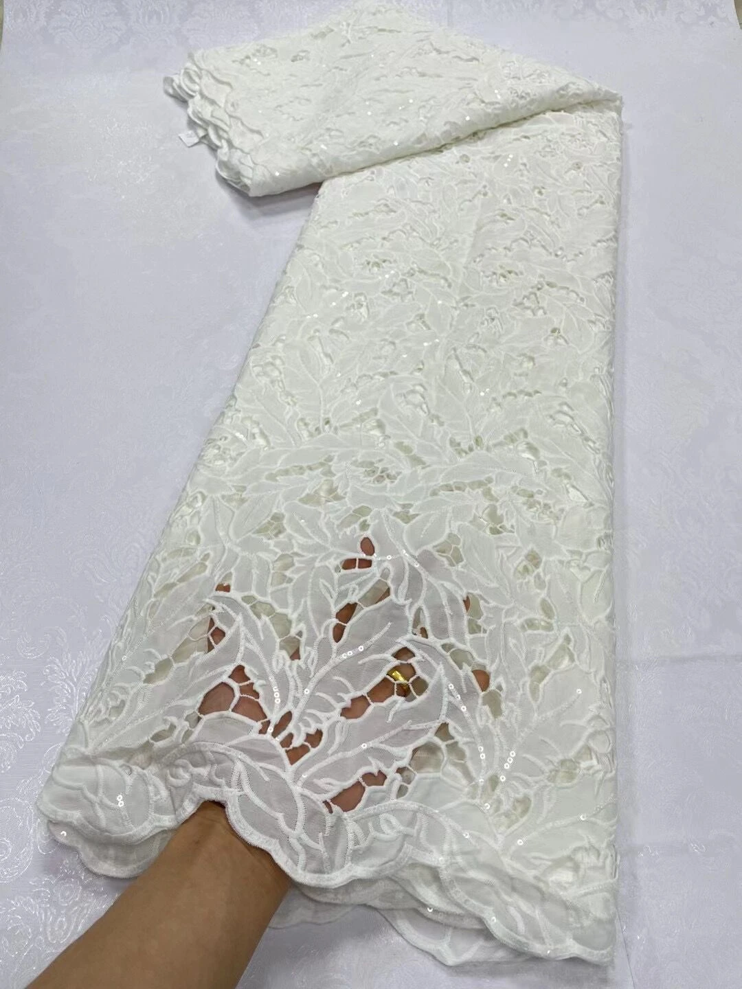 African Nigerian 2023 High Quality Lace Fabric Embroidery Tulle Pure Cotton Wedding Party Dress Guipure Damask White 5Yard