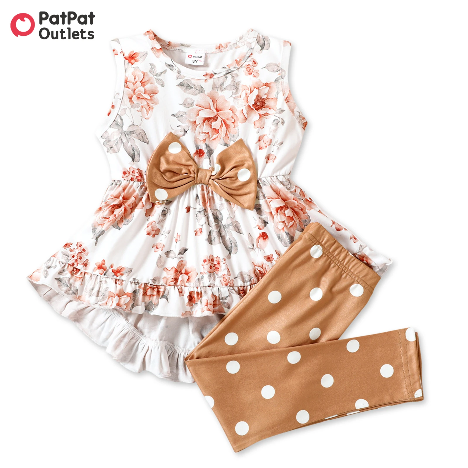 

PatPat 2-piece Summer Toddler Baby Girl Clothes Floral Print Bowknot Design Ruffled High Low Sleeveless Top Polka dots Pants Set