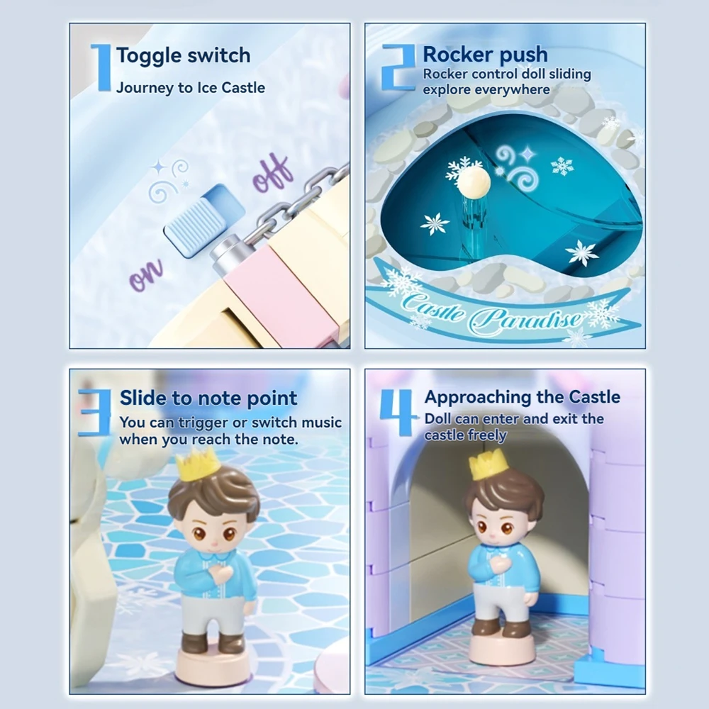 2025 ​Creative Princess Castle Building Blocks Model with Magnetic Music Ice Snow Theme DIY Assembly Bricks Girls Birthday Gift​