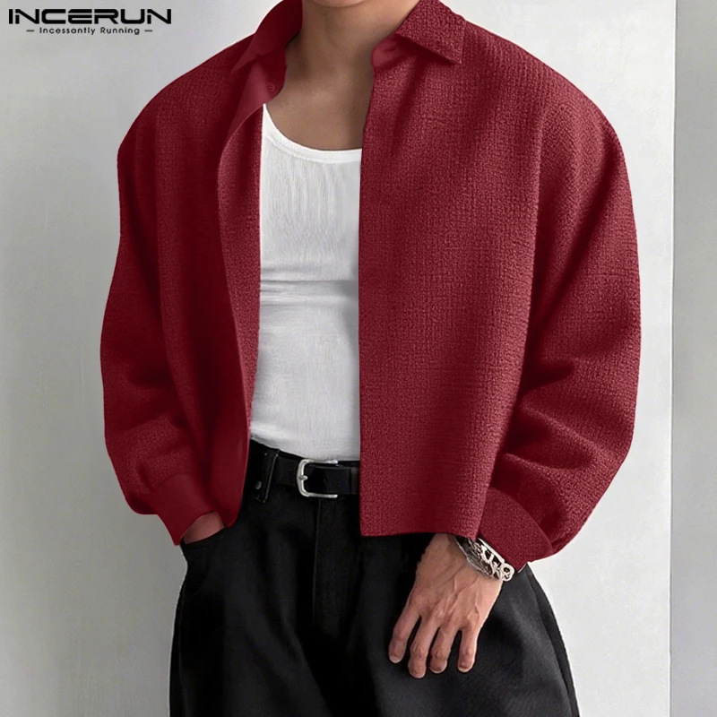 

INCERUN Мужская рубашка, однотонная, с лацканами, с длинным рукавом и открытой строчкой, повседневная мужская одежда, осень 2024, свободная уличная одежда, модные мужские рубашки