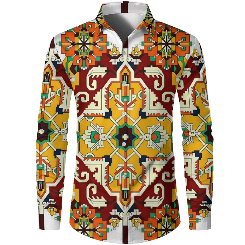 Splendid Folk Costume Men's Long Sleeved Shirt, Personalized Trend Men's African National Style Printed Shirt High Quality Shirt