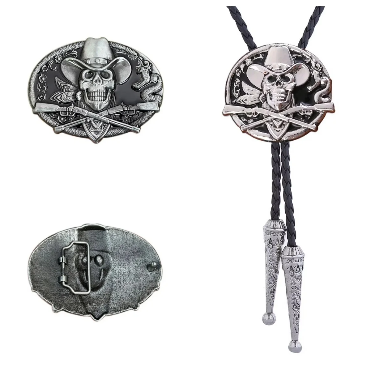 dois-conjuntos-de-gravatas-bolo-e-fivelas-de-cinto-juntamente-com-chapeus-de-caveira-em-liga-metalica-apresentando-um-estilo-unico-de-cintos-de-cowboy