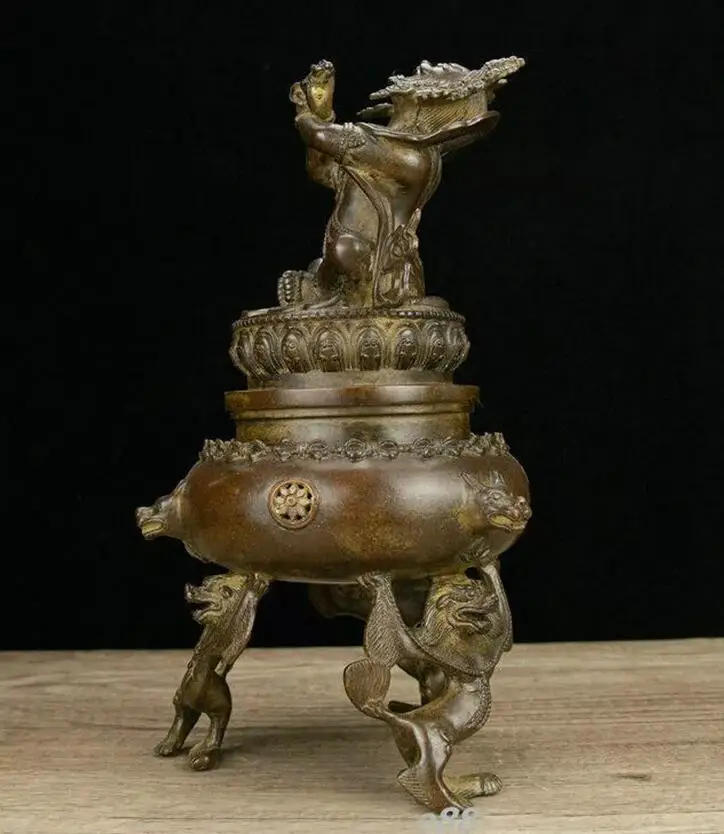 Antique Pure Bronze Vajra Mahakala Wrathful Deity Buddha Incense Burner Censer