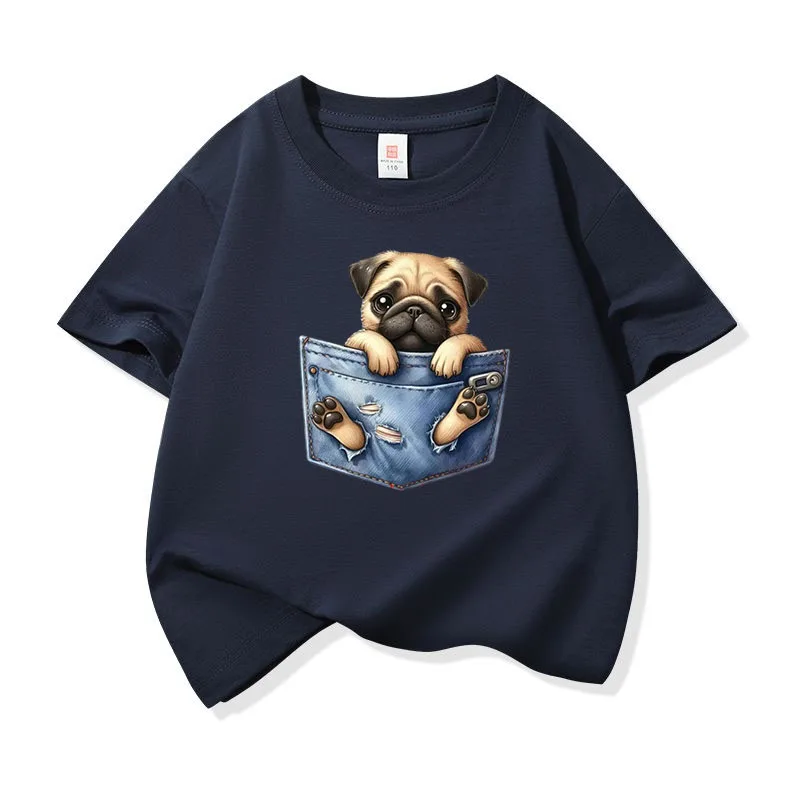

Kids Cotton T Shirt Charming Pocket Watercolor Pug Puppy Dog Print Crew Neck Short Sleeve Tee Casual Boys Girls Summer Tops