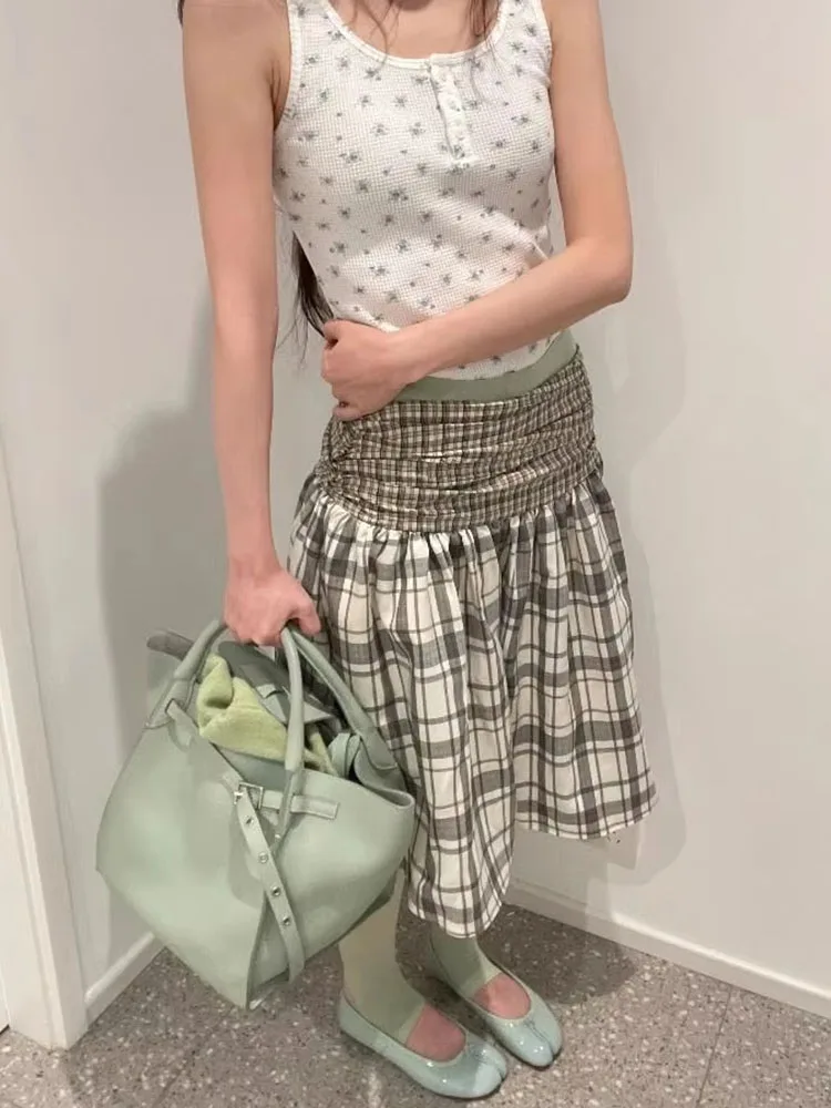 Vintage Plaid Midi Skirt Women Japanese Fashion Folds Waist Fluffy A-line Skirts Summer Sweet Y2k Aesthetic Chic Faldas