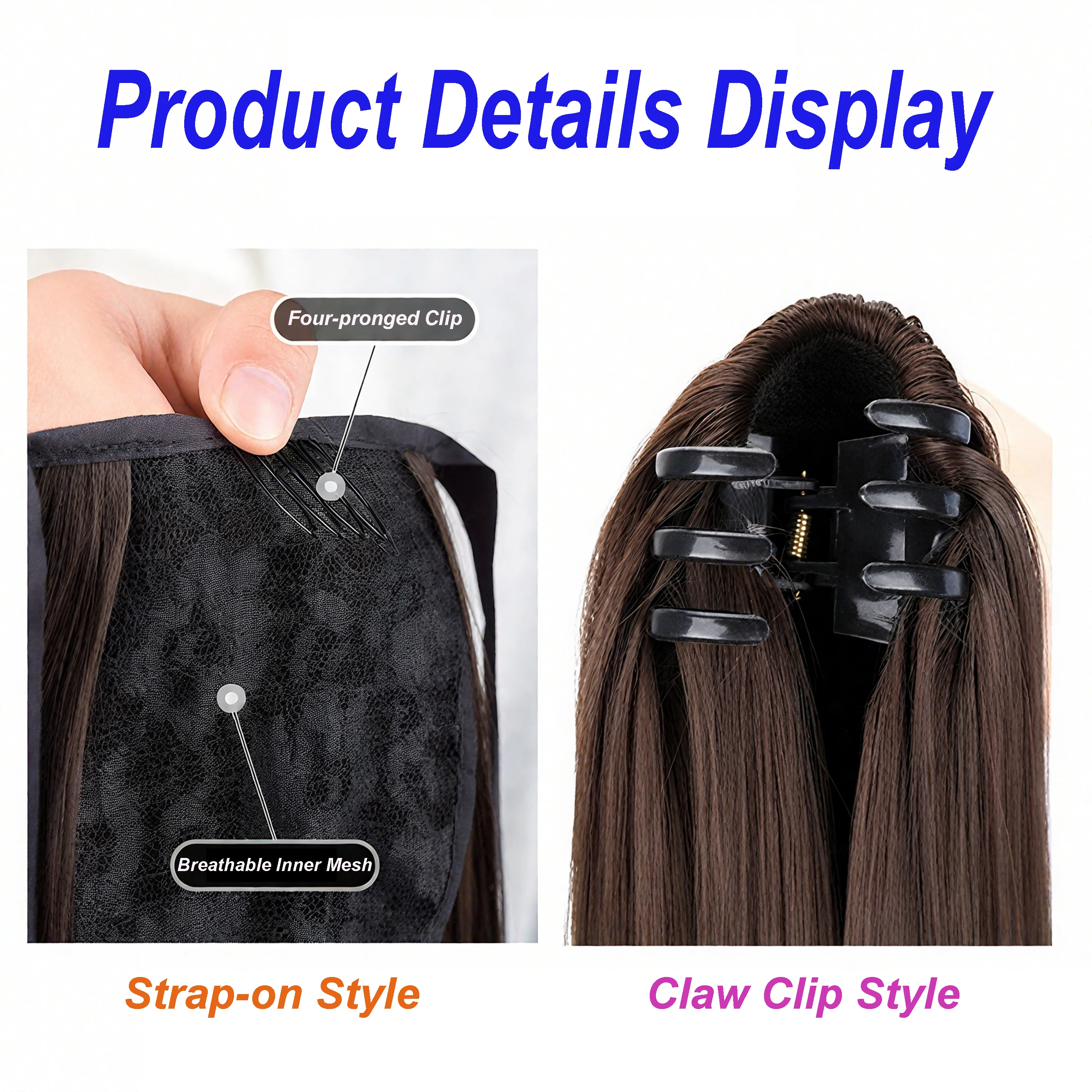 حزام على/مخلب كليب نمط 14/18/22 بوصة الاصطناعية طويلة متموجة مجعد ذيل حصان مع القوس الحلو شعر مستعار تمديد للتصفيف اليومي