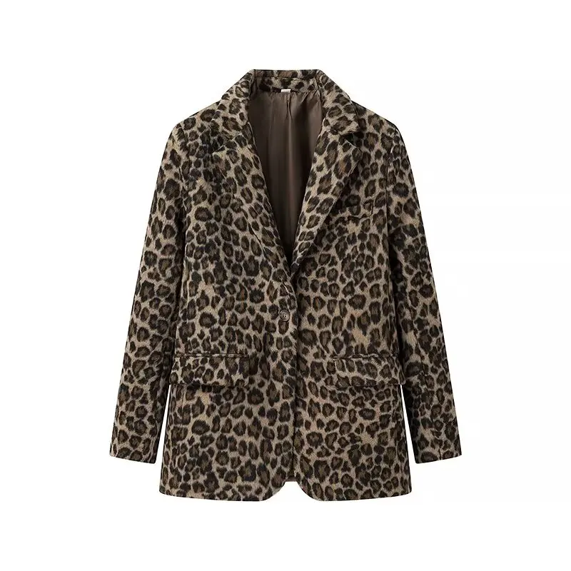 TRAF Leopard Print Long Blazer Woman Faux Wool Office Women\'s Blazers Autumn Fashion Blazer Women Long Sleeve Blazers for Women