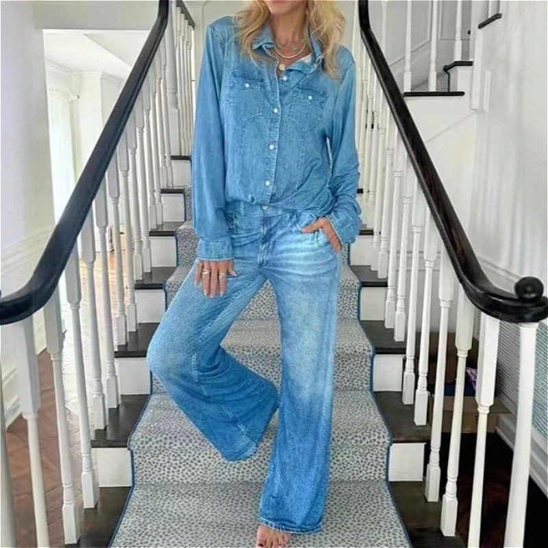 

Pant Set Women Two Piece Sets Denim Turn Down Collar Full Sleeve Shirt Long Pants High Waist Y2k Streetwear Elegant Casual 2026