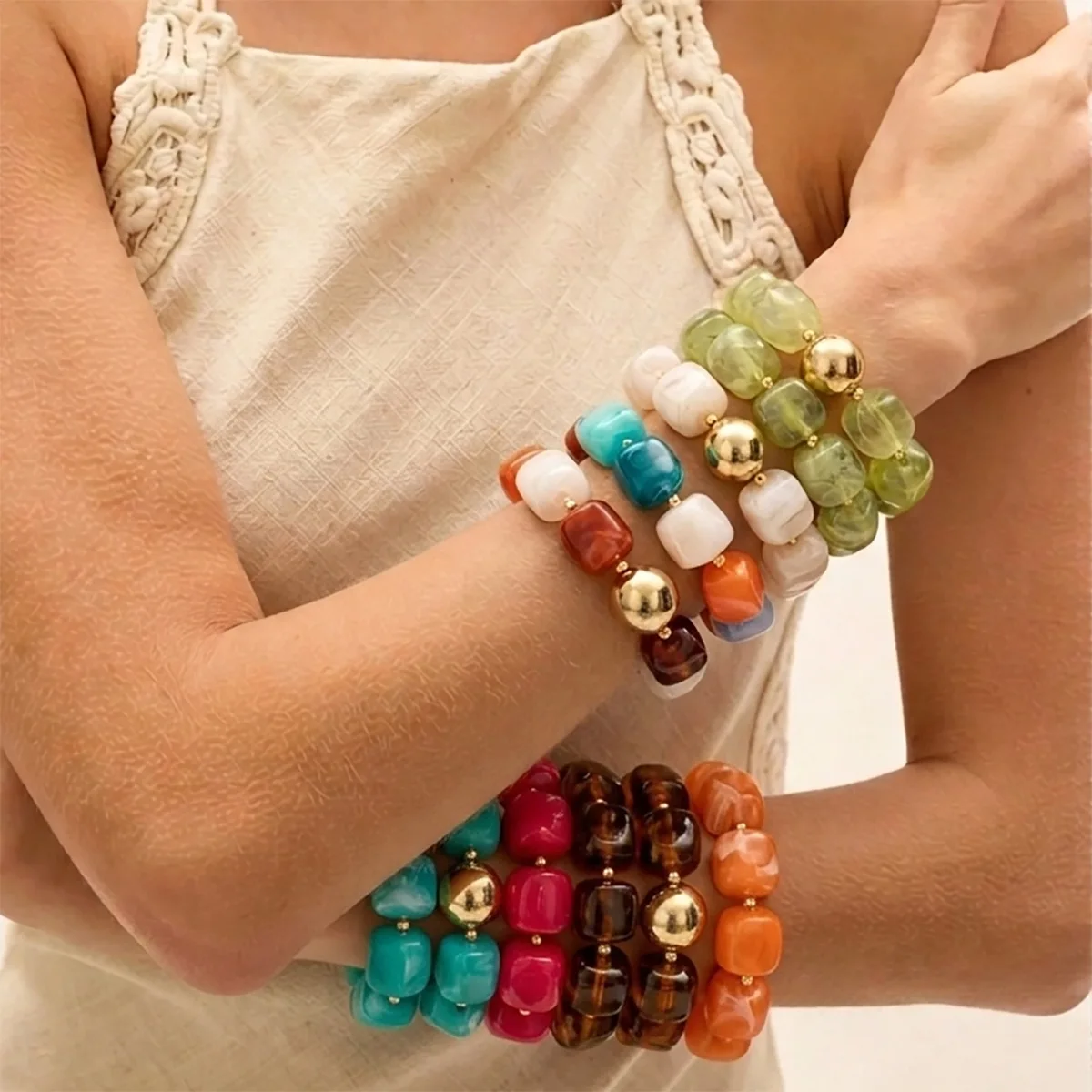 2pcs Retro Colorful Square Resin Beaded Bracelets Set for Women Marble Texture Acrylic Bead Elastic Bracelet Stackable Jewelry