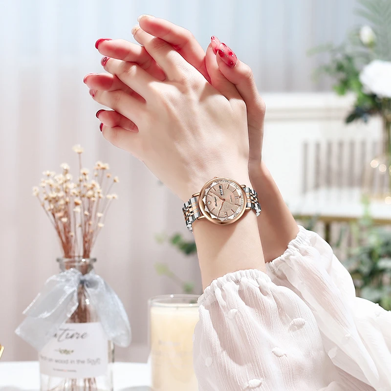 POEDAGAR nuove donne di arrivo orologio di marca moda quadrante con diamanti orologi al quarzo da donna luminosi di lusso in acciaio inossidabile oro rosa 2023