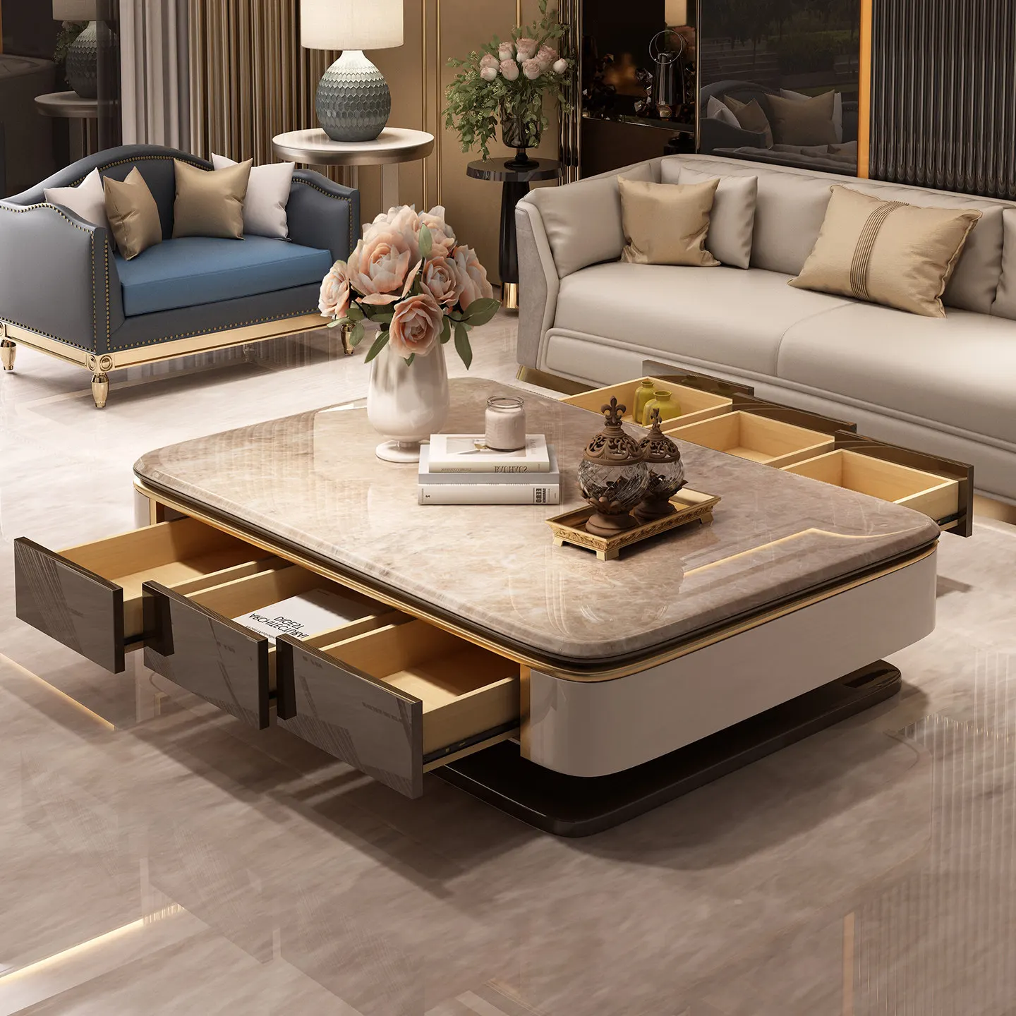 AA Light luxury microcrystalline stone coffee table High-grade rectangular living room Home marble tea table