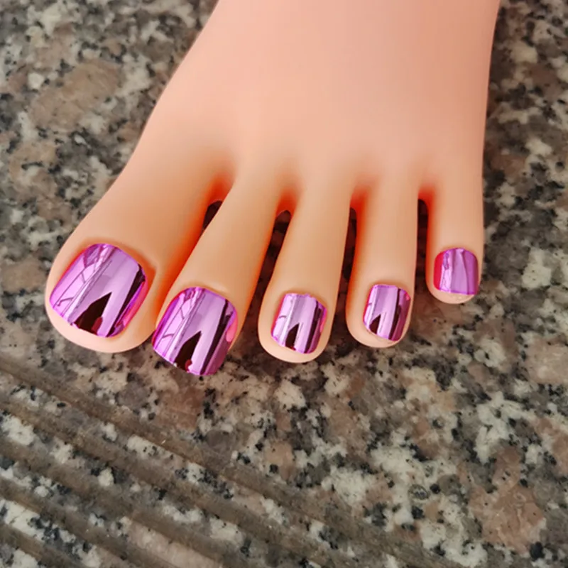 

24P Fake Toenails Rose Metal False Toe Nails Art Detachable Press On Toenails Acrylic Fake ToeNails Metallic effect Tips