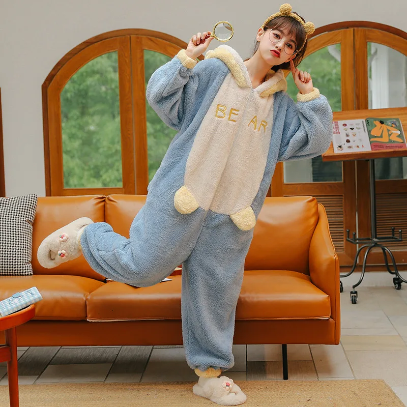 Unisex Winter Warm Cute Animal Carton One-Piece Pajamas Polyester Comfortable Skin-Friendly Blue Cosplay Jumpsuits With A Hat