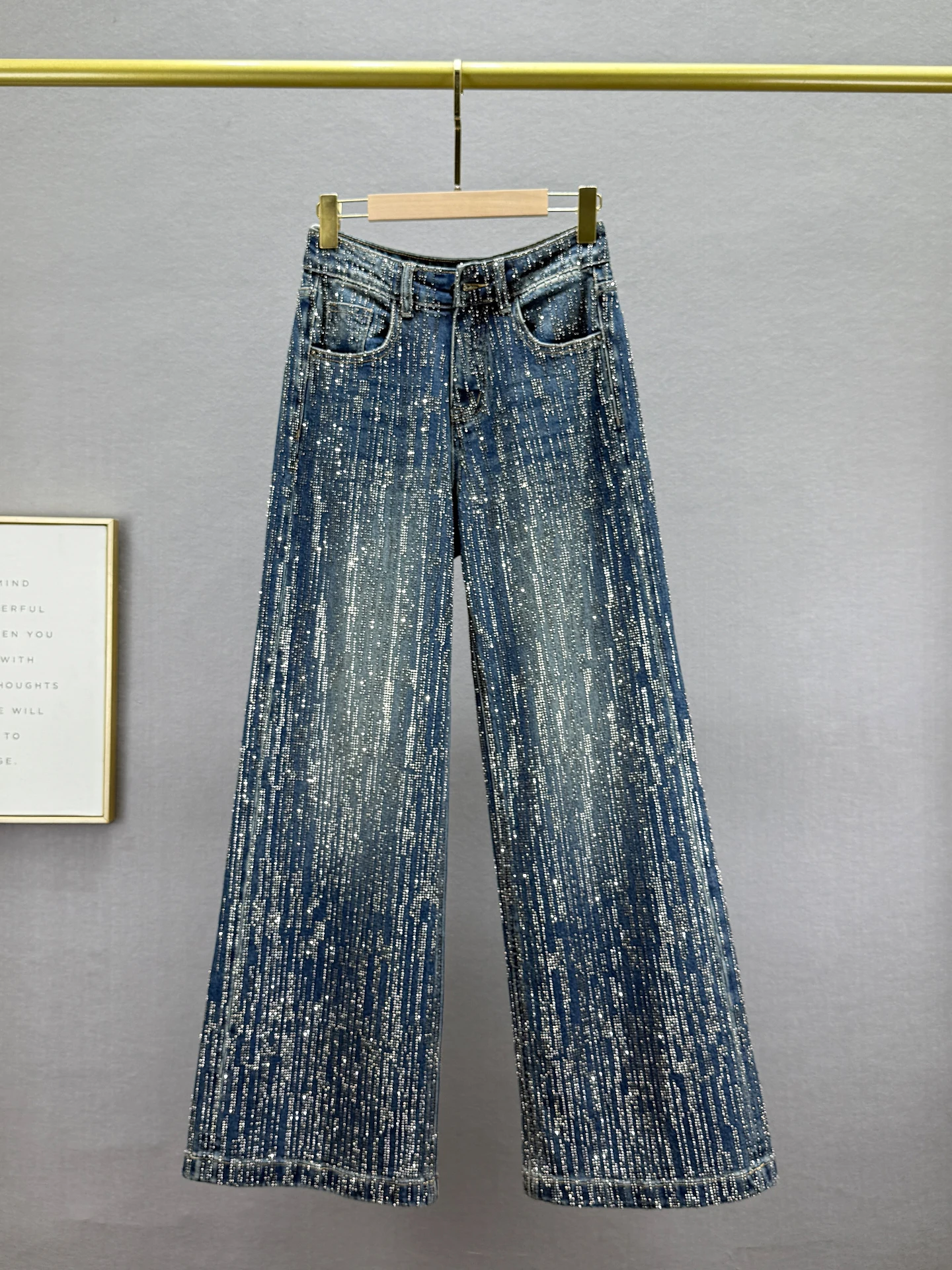 

High Waist Wide Leg Jeans Women's Trendy Spring New Loose Slimming European Sle Diamond Embellied Long Cotton Stretch Denim