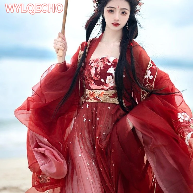 Retro Hanfu Tang Dynasty Embroidered Large Sleeve Shirt Hezi Skirt Spring And Autumn Red Set