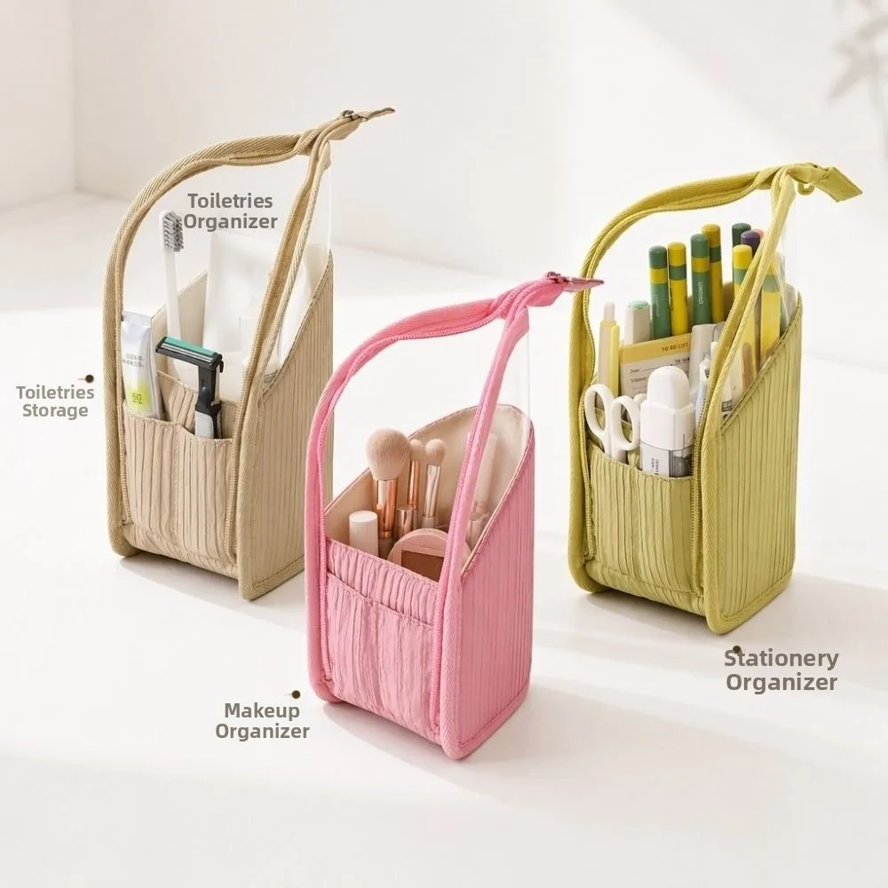 Multifunctional Makeup Bag Portable Semi Transparent Cosmetic Bag Zipper Closure Standing Makeup Brush Organizer