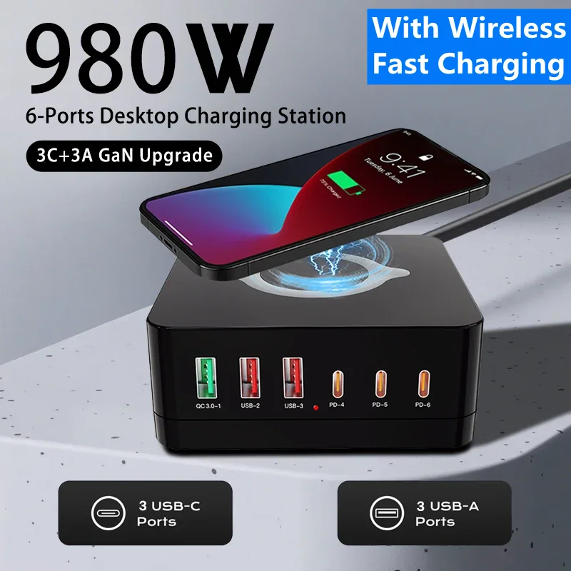 

980W USB C GaN Charger 260W PD3.0 PPS QC3.0 Fast Charging Station Wireless Charge For Laptop iPhone 15 16 Samsung Macbook Tablet