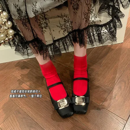 

2024 Low-heeled Metal Buckle Thick-heeled Mary Jane Shoes Women's Spring Square Head with Gold and Silver Ballet Flat Shoes