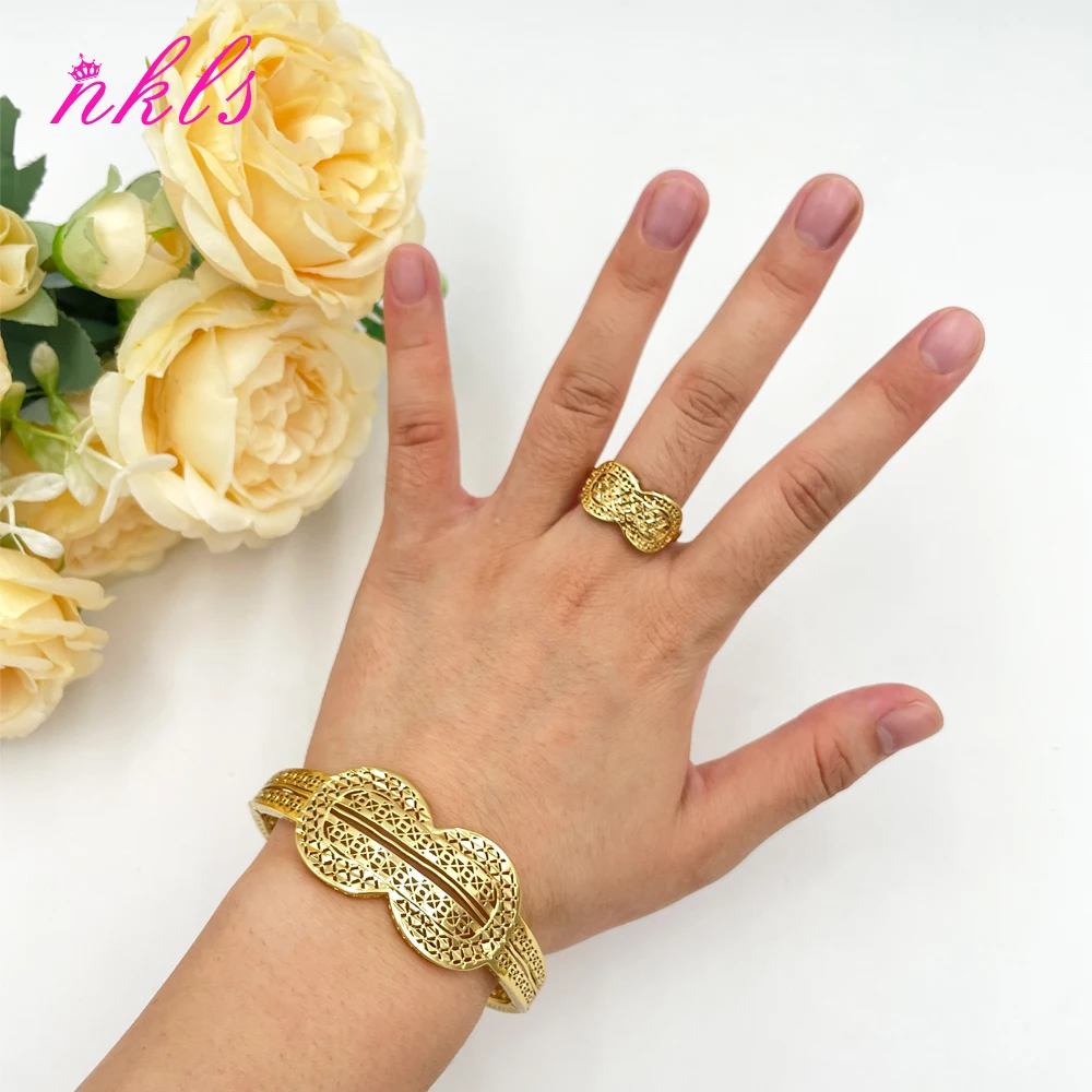 

African Gold Color Jewelry Set for Women Arab Dinner Party Cuff Bangle and Ring Dubai Weddings Bride Jewelry Accessories Gifts